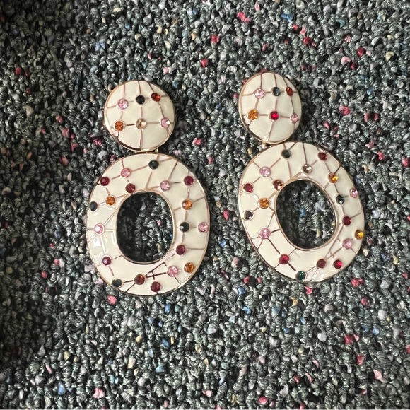 ZARA Off-White Cream & Colorful Gemstone Oval Dangle Statement Earrings Jewelry - Picture 11 of 12